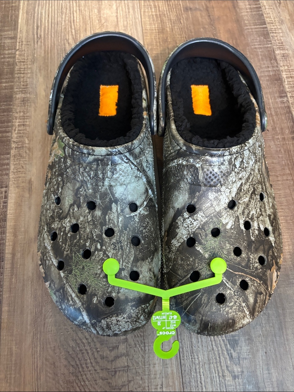 CROCS Mens Camo Slip-On Clogs with Black Fleece Lining and Orange Insole Tabs